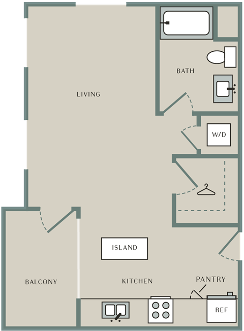 Floor plan for studio, 1 bath, 630 sqft